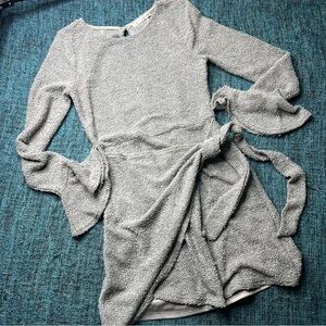 Saints + Secrets Bell Sleeve Wrap Around Skirt Mini Dress Long Sleeve in Grey